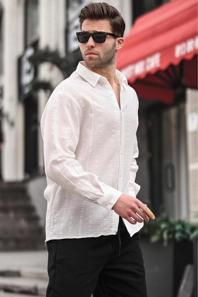 Madmext Ecru Patterned Long Sleeve Men's Shirt 6734