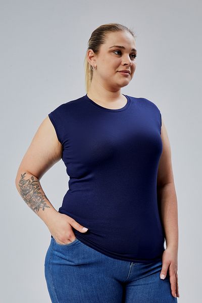 BANEGA Women's Large Size Crew Neck Zero Sleeve Lycra Navy Blue Body