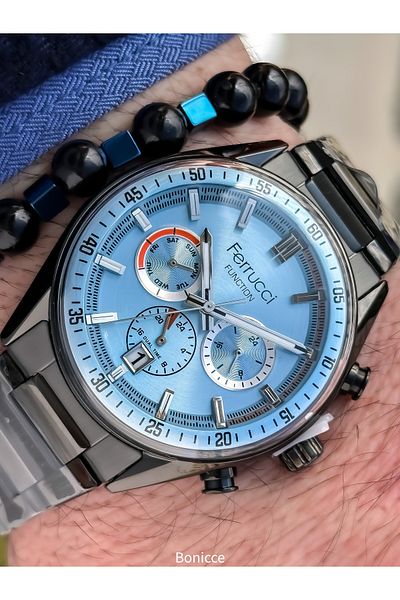 Ferrucci Smoked-Turquoise Color, Functions Active, Steel Cord Men's Wristwatch Bracelet