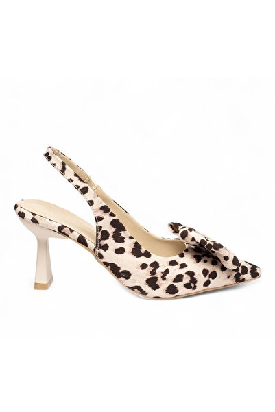 ELAIA SHOES ELENA - Kadın Bej Leopar Fiyonklu Arkası Açık Topuklu Ayakkabı