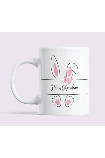 Paskalya Hediyesi Pembe Tavşanlı İsimli Happy Easter Tasarımı Baskılı Kupa Bardak