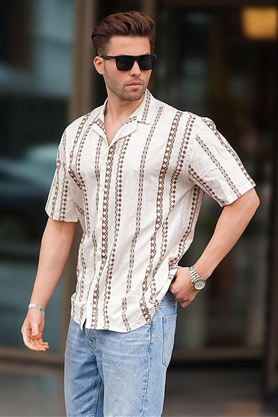 Madmext Oversize Brown Patterned Men's Shirt - Short Sleeve, Model 6739