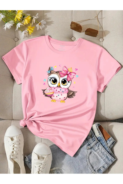 PENTHİLUS Cute Owl Printed Round Neck T-Shirt, Casual Short Sleeve Spring Summer T-Shirt, Women's Clothing