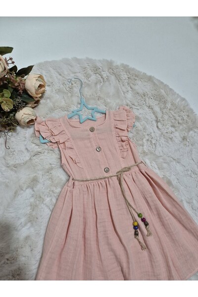 Şenkız Φόρεμα για κορίτσια 100% ΒΑΜΒΑΚΙ Μουσελίνα Κοντό μανίκι Άνετο φόρεμα με λεπτομέρειες με κουμπιά