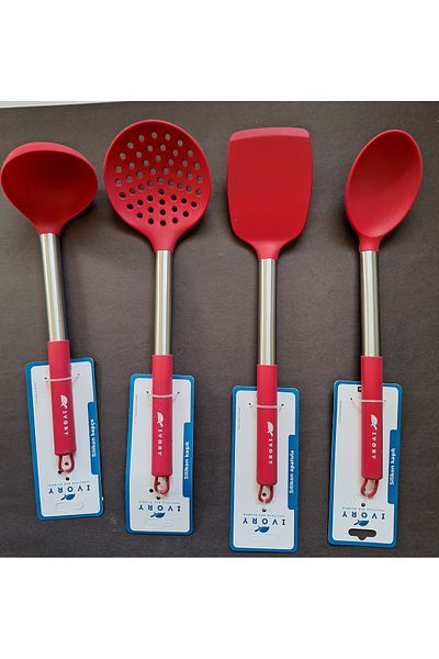 IVORY Set of 4 Fireproof Non-Stick Steel Handle Silicone Spoon, Colander, Spatula, Scoop
