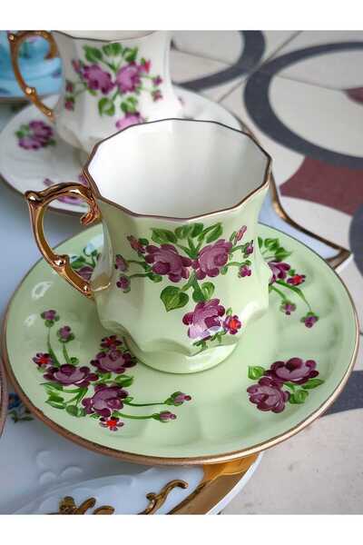 manushum El Boyaması Porselen Hanımeli Kahve Fincanı-fıstık yeşil 1 adet