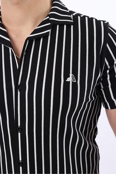 comstar Ανδρικό κοντομάνικο Slim Fit καλοκαιρινό ριγέ μαύρο πουκάμισο
