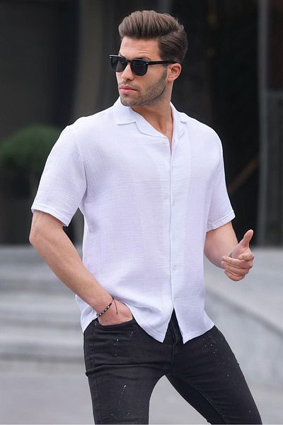 Madmext White Short Sleeve Men's Shirt 6706