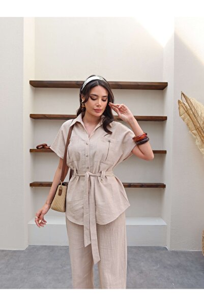 ESRAHELVACI Belted Linen Suit with Front Pocket