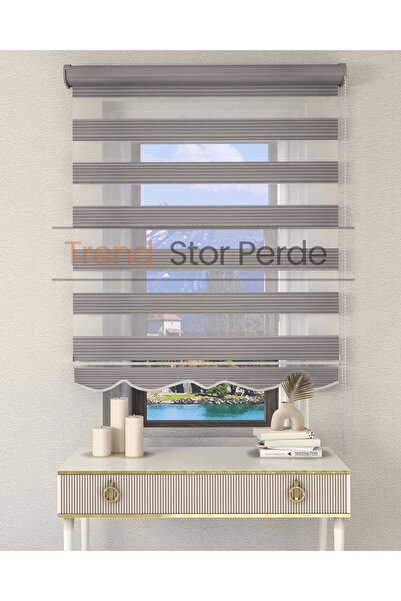 TREND STOR PERDE Geniş Plise Gri Etek Dilimli Zebra Stor Güneşlik Perde