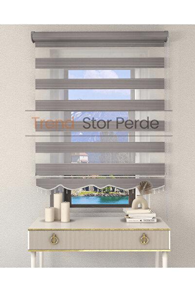TREND STOR PERDE Geniş Plise Gri Boncuklu Zebra Stor Güneşlik Perde