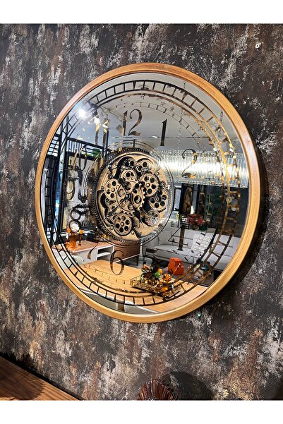 Genel Markalar Aynalı 80x80 gerçek çarklı saat, altın renk, şık ve modern tas...