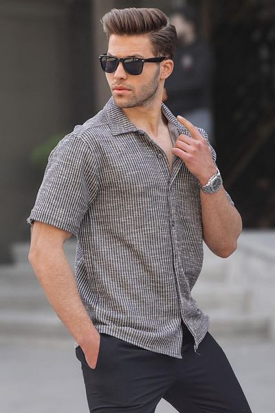 Madmext Navy Blue Striped Short Sleeve Men's Shirt 5595