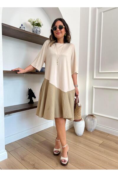 kubraozbeybutik Tasarım Modal ve Parasut Detaylı Bej Elbise