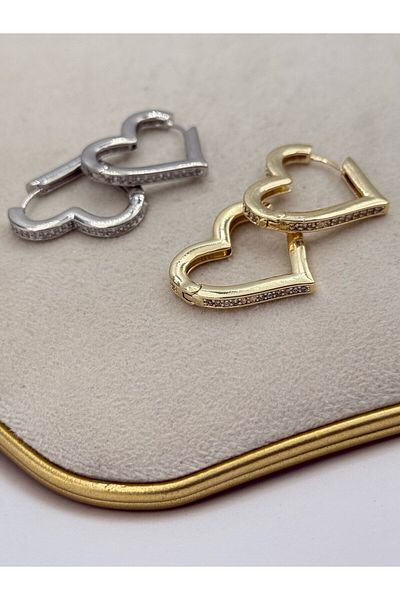 MyladyAccessoriess Zircon Stone Detail Heart Hoop Earrings (Steel) Silver