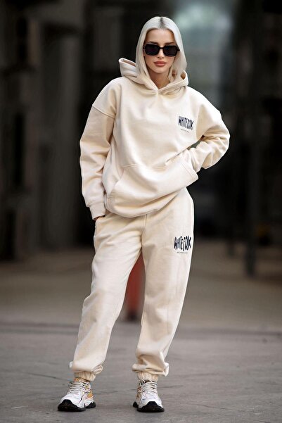 Madmext Cream Hooded Women's Tracksuit Set MG1917