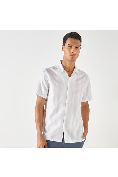 Smart Striped Camp Collar Shirt with Short Sleeves