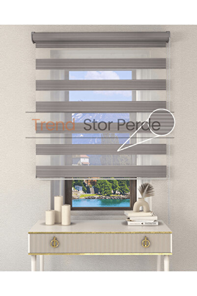 TREND STOR PERDE Geniş Plise Gri Etek Dilimsiz Zebra Stor Güneşlik Perde