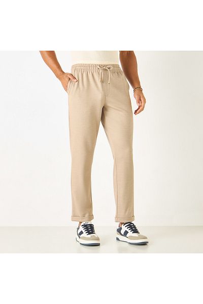 Smart Textured Slim Fit Flexi Waist Trousers with Pockets and Drawstring Closure