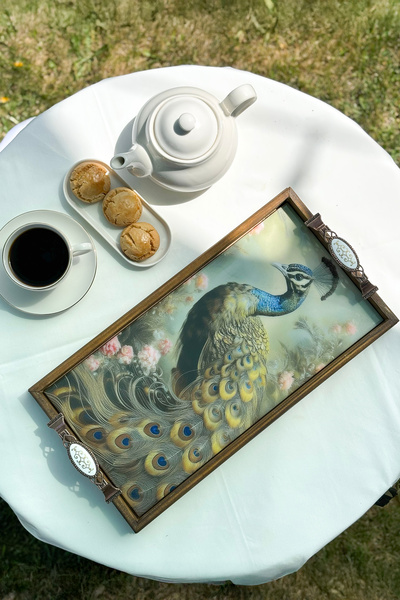 FARİKA Ahşap Tepsi 42 x 22.5 x 4 cm - Desenli Servis ve Sunum Tepsisi - Tavus