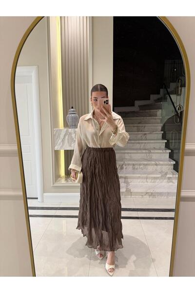 CKBUTİK Kahve Rengi Kırışık Bohem Etek-3207