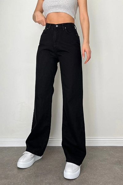 TRENDNATUREL Dominic Black Lycra Super Extra High Waist Palazzo Loose Jean Trousers