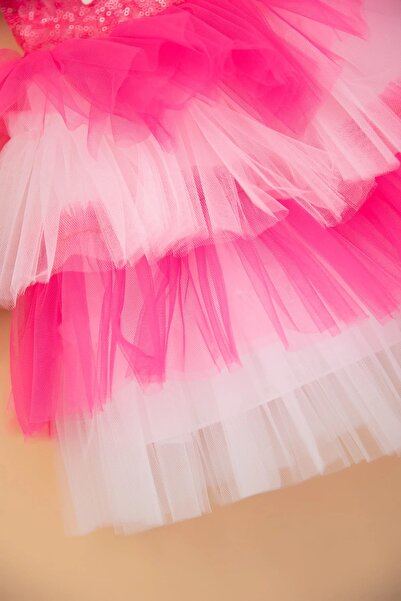 DeKuBaby Katkat Tül Etekli Payet-Pul İşlemeli Çocuk Abiye Gösteri, Parti, Doğum Günü ,Düğün Elbisesi