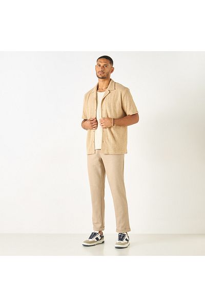 Smart Textured Slim Fit Flexi Waist Trousers with Pockets and Drawstring Closure
