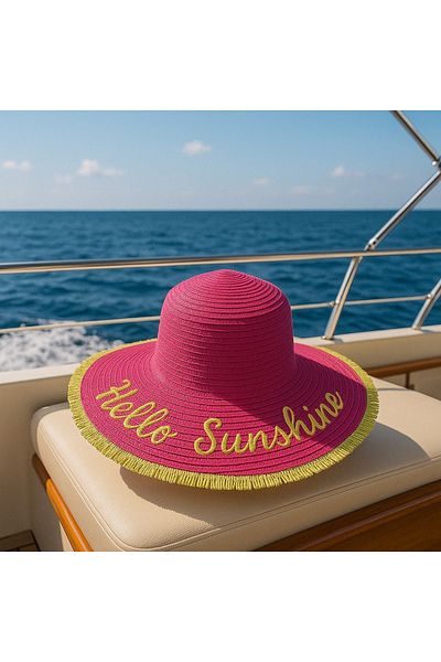 LAGRANZE Hello Sunshine Text Detailed Straw Hat Beach Hat