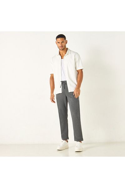 Smart Textured Slim Fit Flexi Waist Trousers with Pockets and Drawstring Closure