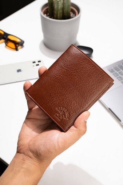 Newish Polo Ανδρικό πορτοφόλι και θήκη για κάρτες από γνήσιο δέρμα Tan