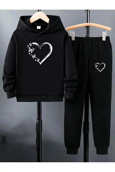 Muwen Butik Black Heart Printed Tracksuit Set