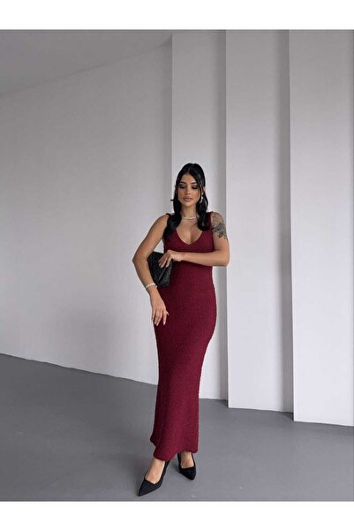 LE CARAMBOLE Γυναικείο μπορντό μπροστινό πίσω φόρεμα με λαιμόκοψη V νέας σεζόν Καλοκαιρινό πλεκτό