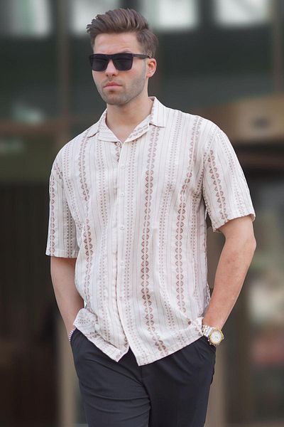Madmext Beige Patterned Short Sleeve Men's Shirt 6741