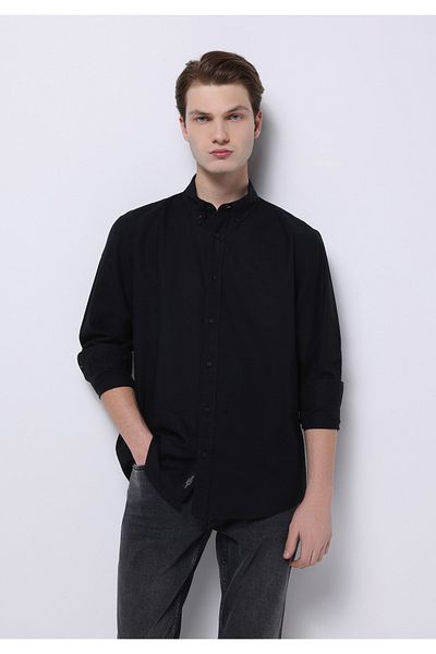 Colin's Regular Fit Shirt Neck Plain Men's Linen Blended Black Long Sleeve Shirt