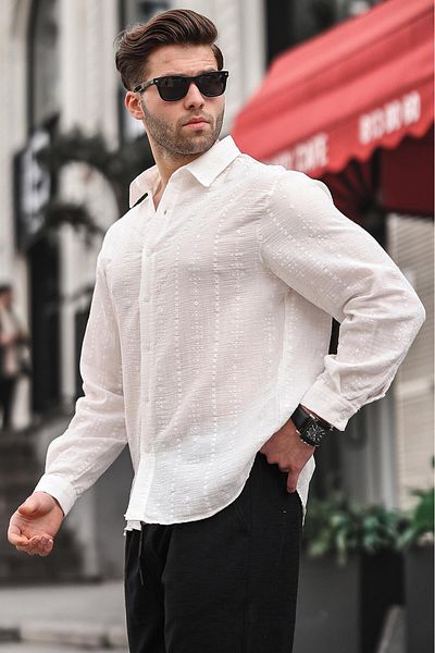 Madmext Ecru Patterned Long Sleeve Men's Shirt 6734