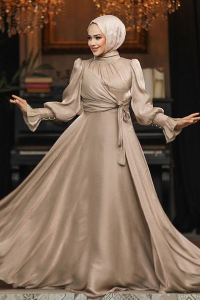 Neva Style Camel Hijab Evening Dress with Binding Detail 48051C