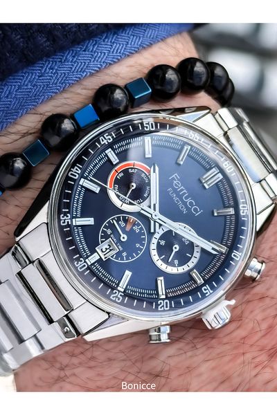 Ferrucci Silver-Navy Steel Cord, Functions Active, Men's Wristwatch Bracelet in Gift Box