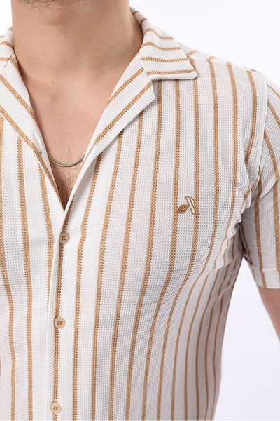 comstar Ανδρικό κοντομάνικο Slim Fit καλοκαιρινό ριγέ πουκάμισο καφέ