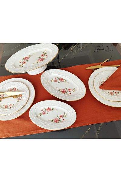 EBRULİEMAYE Pearl Stoneware Cake Set 15 Pieces 6-Person Service Cake Boat Pedestal Presentation Plate Set