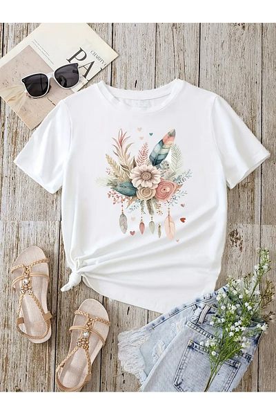 PENTHİLUS Flower and Feather Print T-Shirt, Casual Short Sleeve O Neck T-Shirt for Spring and Summer, Women's Clothing