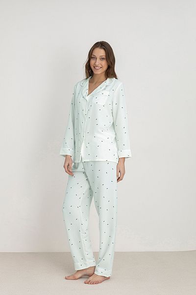 DOFİ Dofi Women's Aqua Green Bow Tie Patterned Pajama Set Long Sleeve with Button, Pocket and Cuff Detail