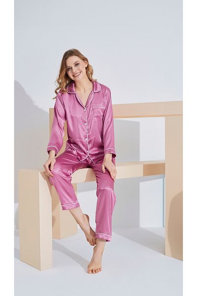 JENİKA Satin Long Sleeve Shirt Collar Pocket Piping Detail Buttoned 2 Piece Pajama Set