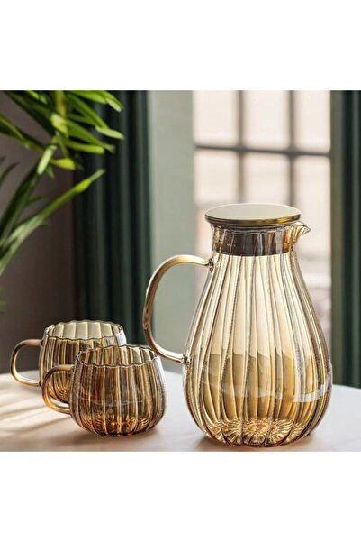 Qerhome Borosilikat Cam Papatya Model Amber Sürahi 1800 Ml & 6 Adet Bardaklı