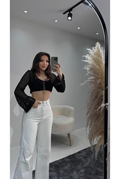 Neva Wear Bluză neagră cu decolteu în V adânc din plasă ( tricotaj cu aspect ...