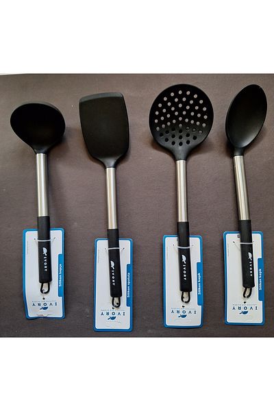 IVORY Set of 4 Fireproof Non-Stick Steel Handle Silicone Spoon, Colander, Spatula, Scoop