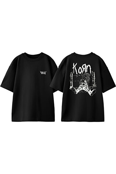 THEWERT Tricou oversize negru din bumbac cu spate cu design Korn Barbed Wires