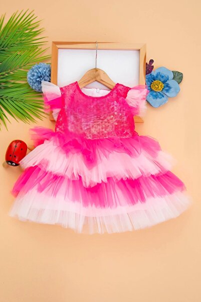 DeKuBaby Katkat Tül Etekli Payet-Pul İşlemeli Çocuk Abiye Gösteri, Parti, Doğum Günü ,Düğün Elbisesi