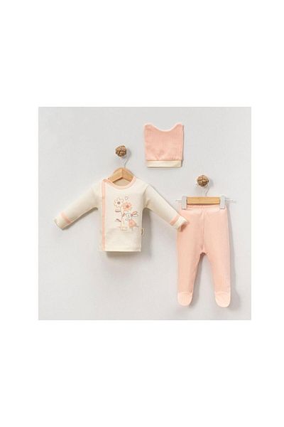 TRENDİMİZBİR Baby Girl Salmon Daisy Rabbit Embroidered 3-Piece Bodysuit Set Newborn Outfit Soft Knitted Fabric