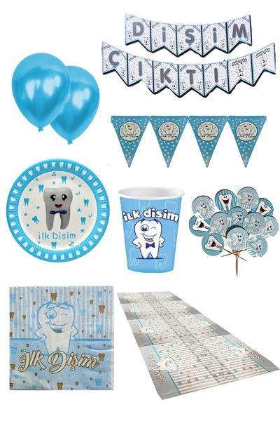 FOKUL İlk Dişim Mavi 16 Kişilik Süsleme Kutlama Seti Dişim Çıktı Diş Buğdayı ...